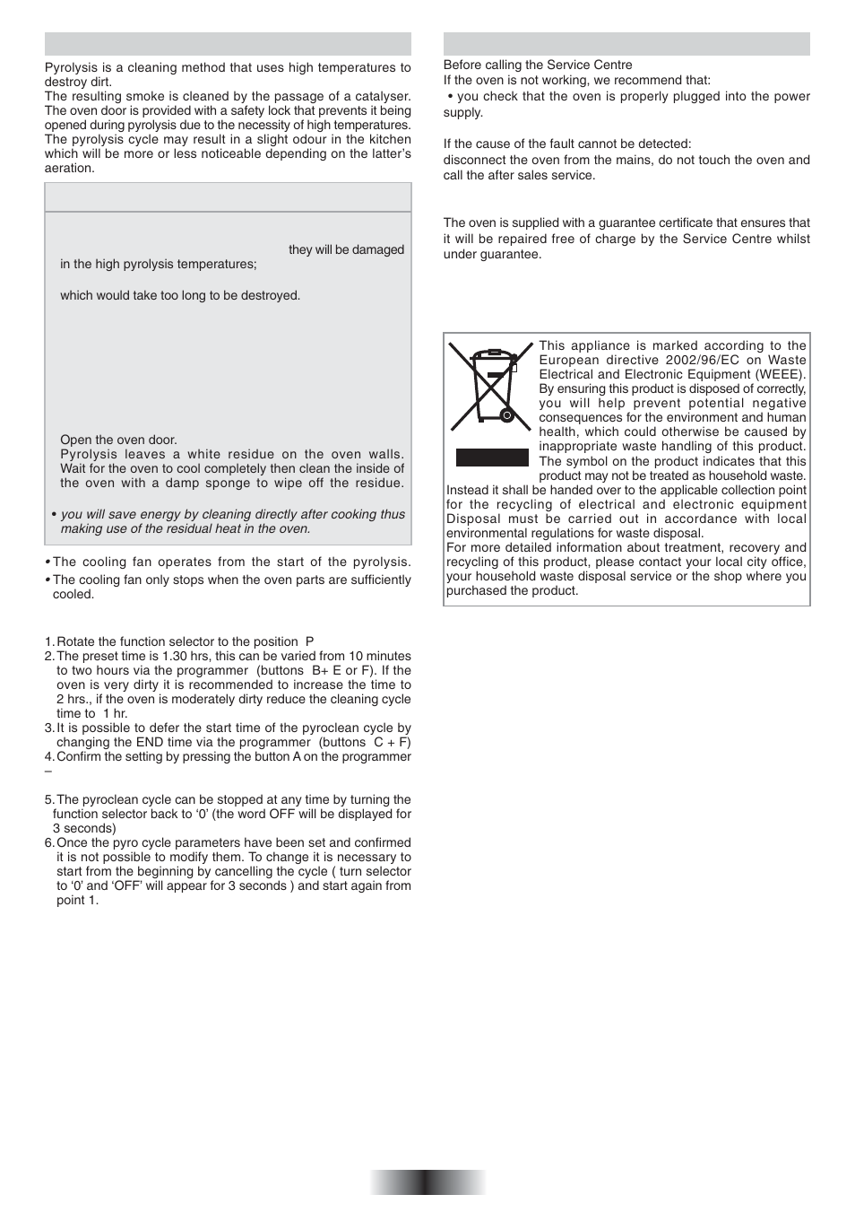 Cleaning the oven : pyrolysis, Service centre | Candy FO 2D 966 X User Manual | Page 11 / 51