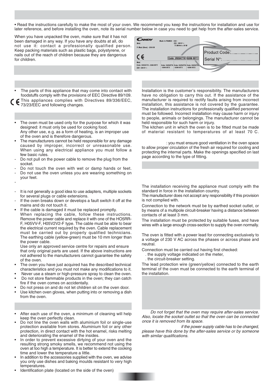 General warnings, Declaration of compliance, Safety hints | Recommendations, Installation, Electrical connection | Candy FO 2D 966 X User Manual | Page 9 / 51