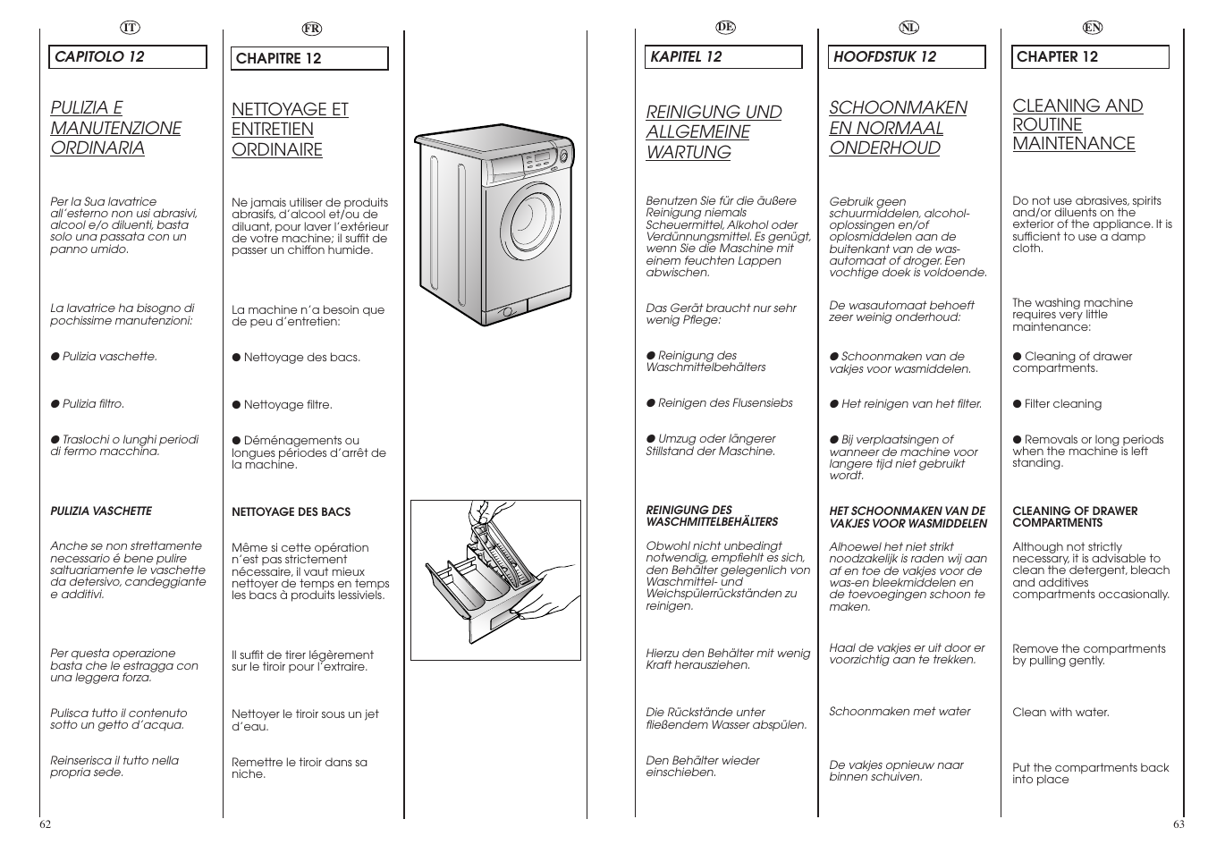 Cleaning and routine maintenance, Reinigung und allgemeine wartung, Nettoyage et entretien ordinaire | Schoonmaken en normaal onderhoud, Pulizia e manutenzione ordinaria | Candy LB ACS 130 P SY User Manual | Page 32 / 37