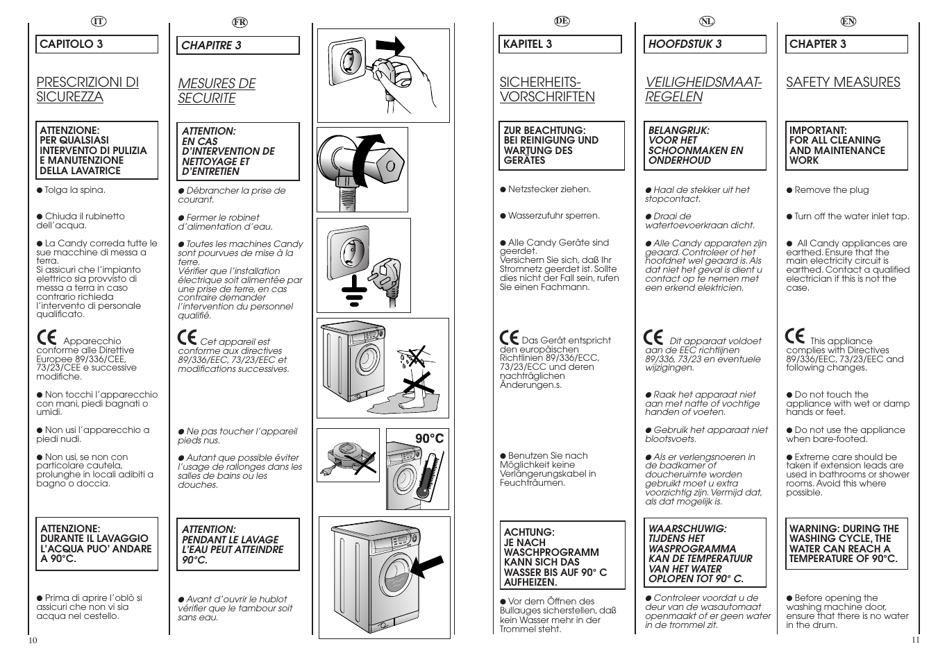 Safety measures, Sicherheits- vorschriften, Mesures de securite | Prescrizioni di sicurezza, Veiligheidsmaat- regelen | Candy LB ACS 130 P SY User Manual | Page 6 / 37