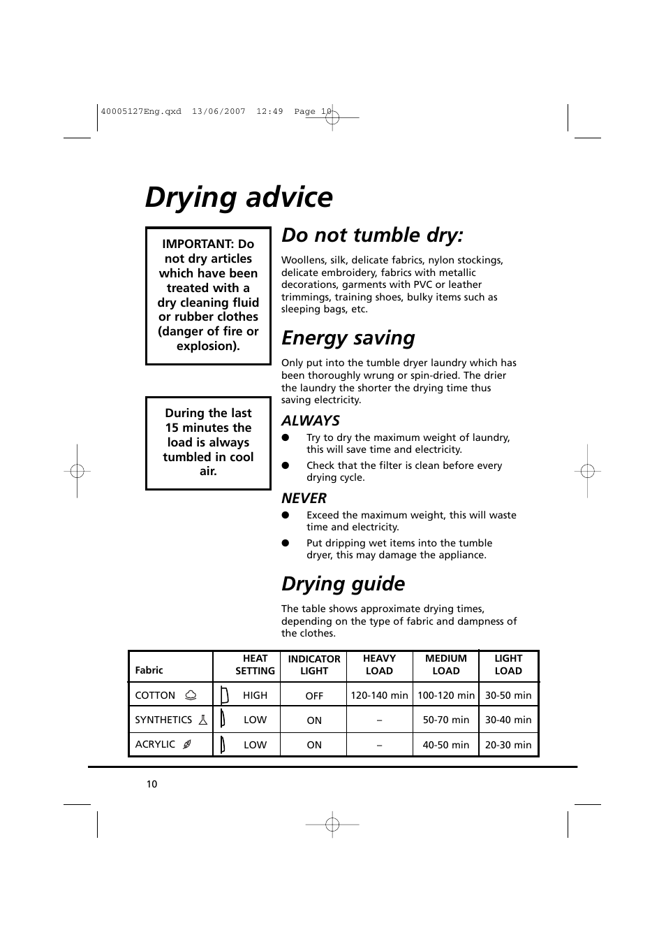 Drying advice, Do not tumble dry, Energy saving | Drying guide, Always, Never | Candy GO DC 36 User Manual | Page 10 / 92