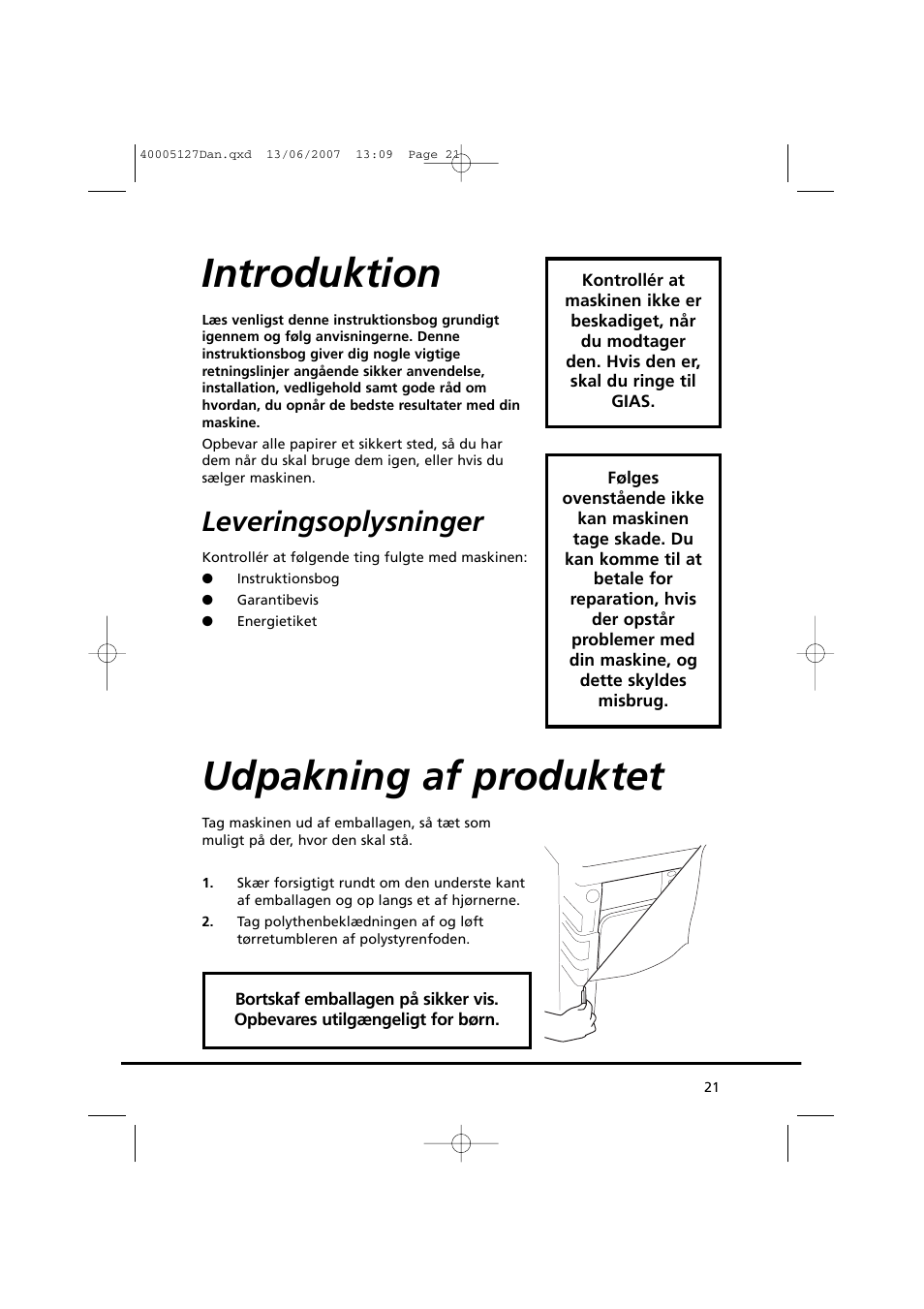 Introduktion, Udpakning af produktet, Leveringsoplysninger | Candy GO DC 36 User Manual | Page 21 / 92