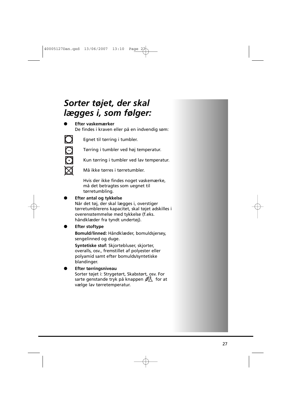 Sorter tøjet, der skal lægges i, som følger | Candy GO DC 36 User Manual | Page 27 / 92