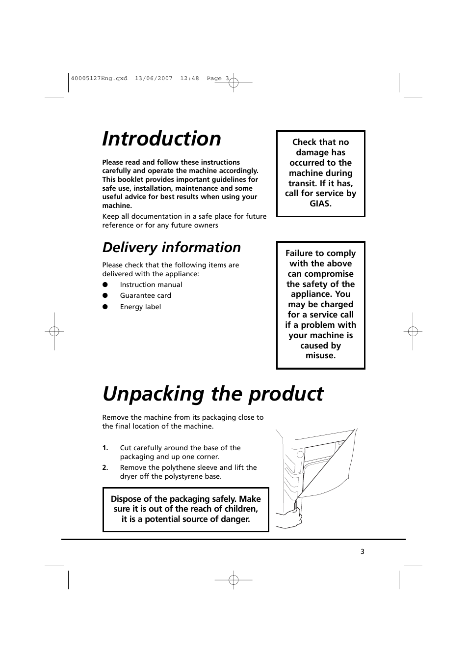 Introduction, Unpacking the product, Delivery information | Candy GO DC 36 User Manual | Page 3 / 92