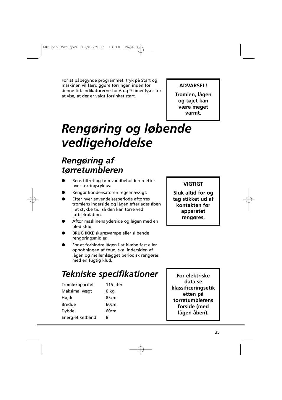 Rengøring og løbende vedligeholdelse, Rengøring af tørretumbleren, Tekniske specifikationer | Candy GO DC 36 User Manual | Page 35 / 92