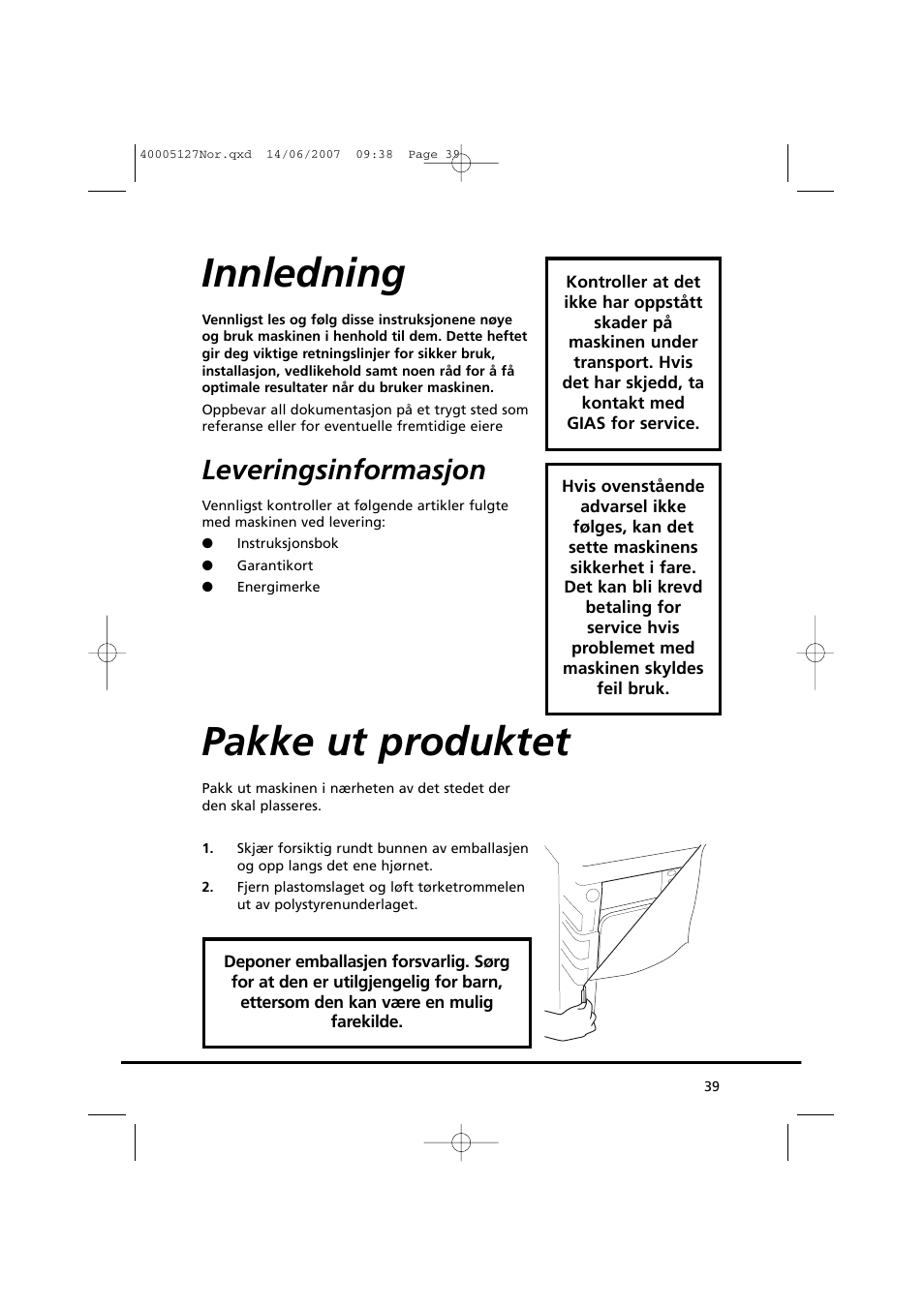 Innledning, Pakke ut produktet, Leveringsinformasjon | Candy GO DC 36 User Manual | Page 39 / 92