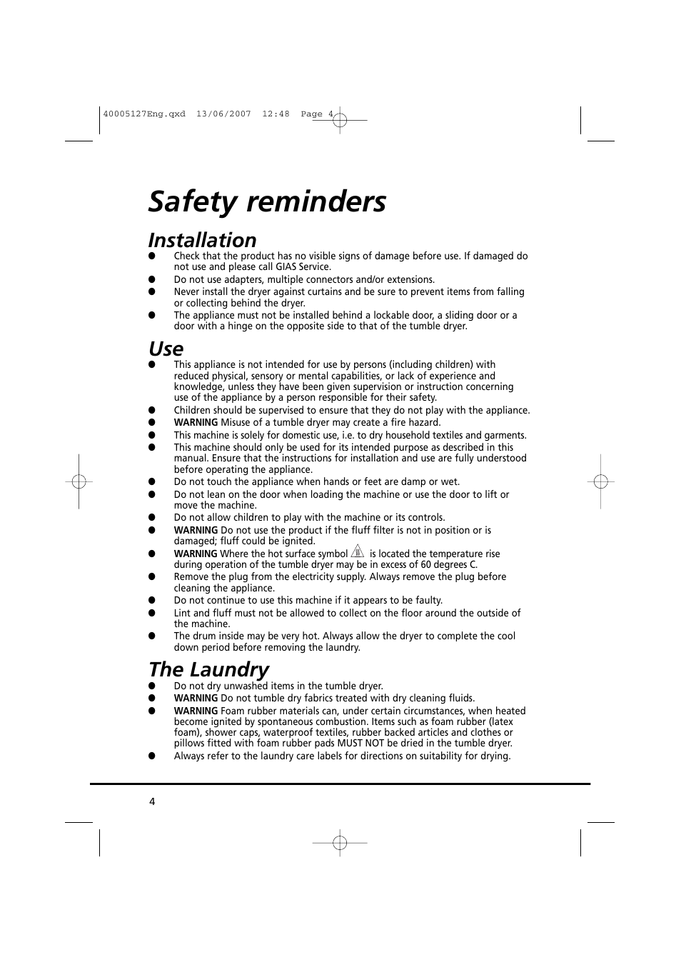 Safety reminders, Installation, The laundry | Candy GO DC 36 User Manual | Page 4 / 92