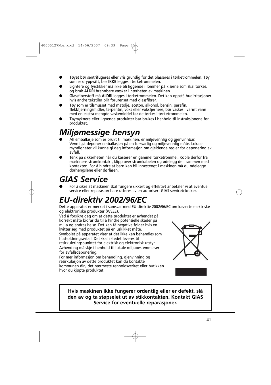 Miljømessige hensyn, Gias service | Candy GO DC 36 User Manual | Page 41 / 92