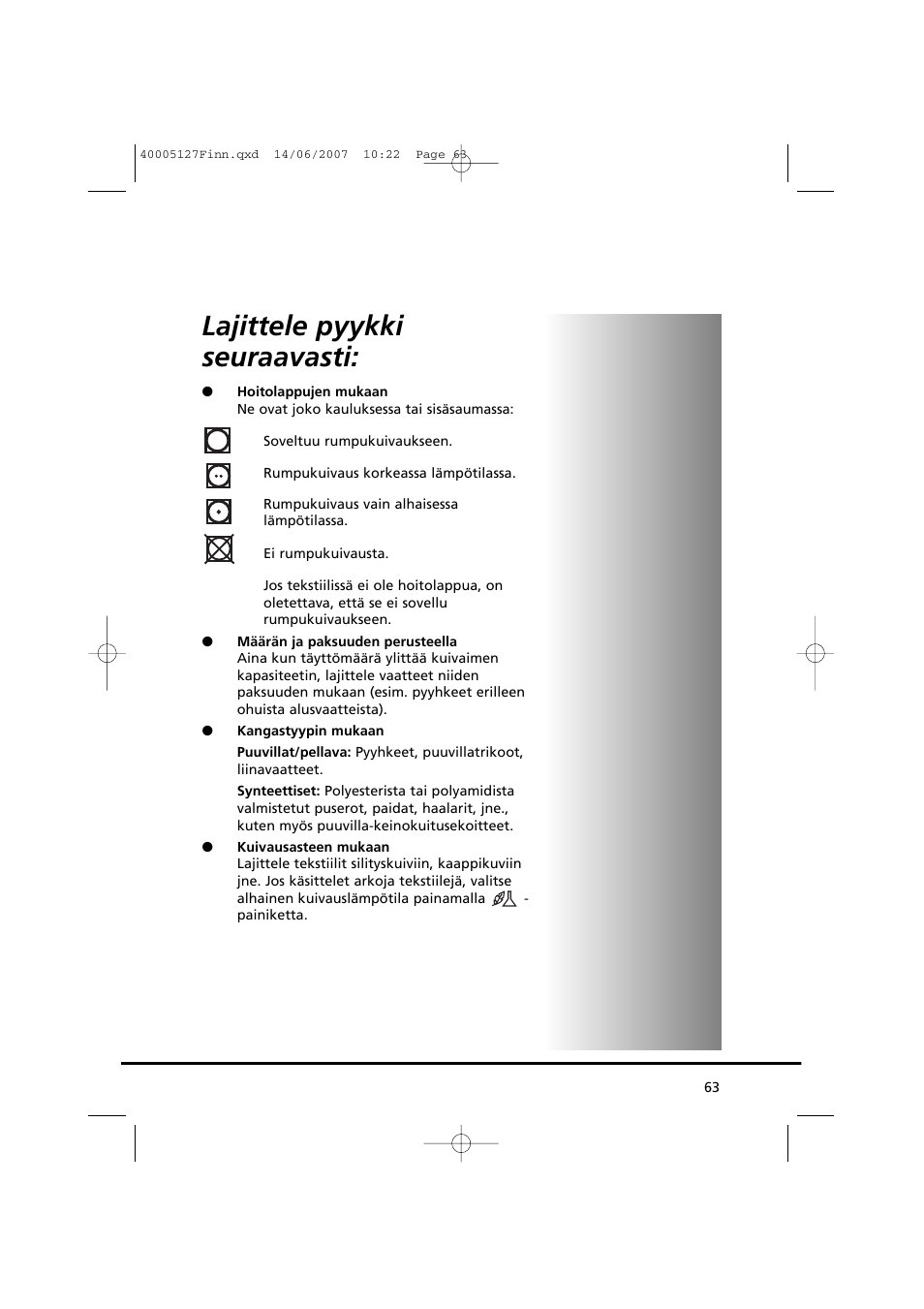 Lajittele pyykki seuraavasti | Candy GO DC 36 User Manual | Page 63 / 92