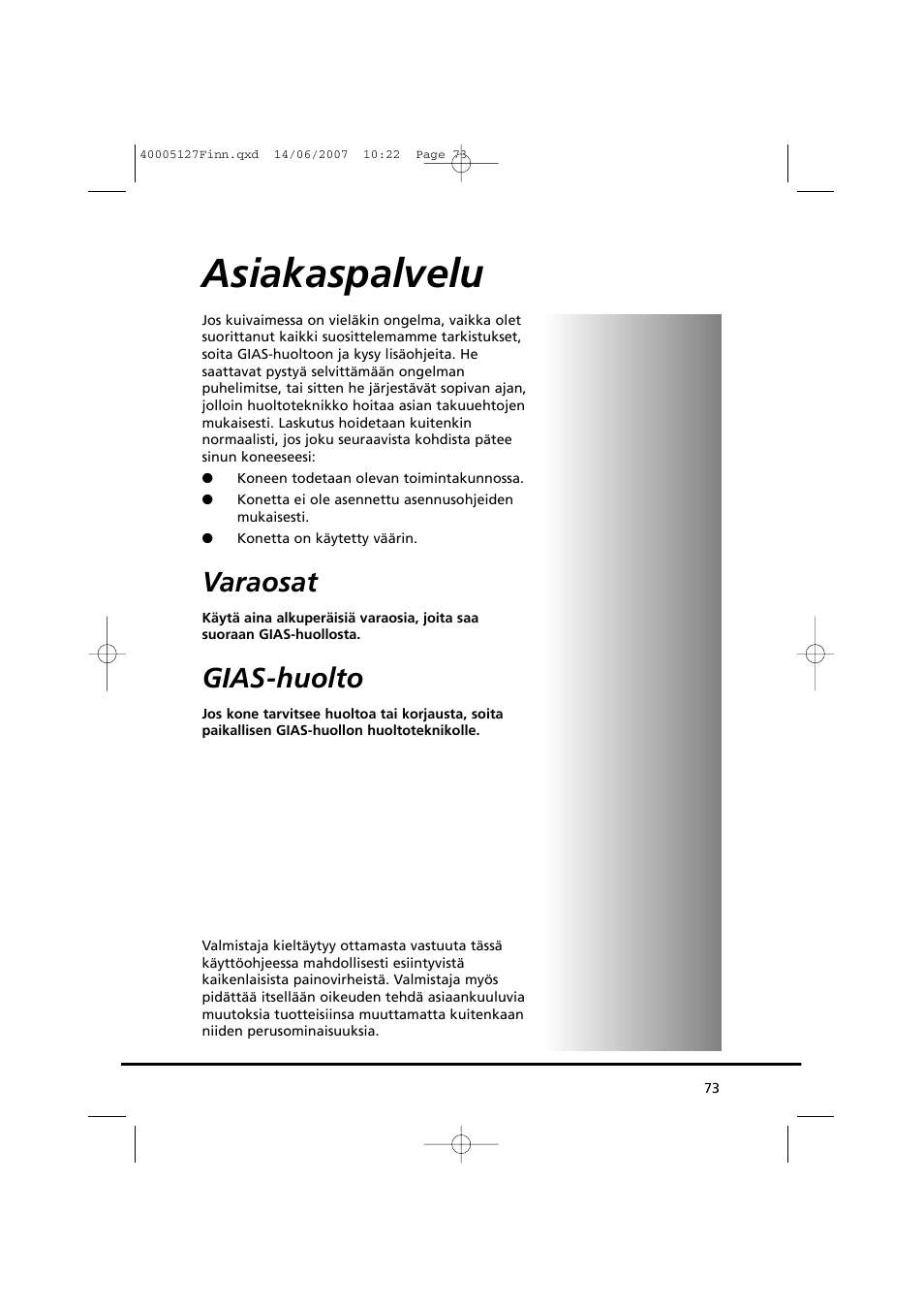 Asiakaspalvelu, Varaosat, Gias-huolto | Candy GO DC 36 User Manual | Page 73 / 92