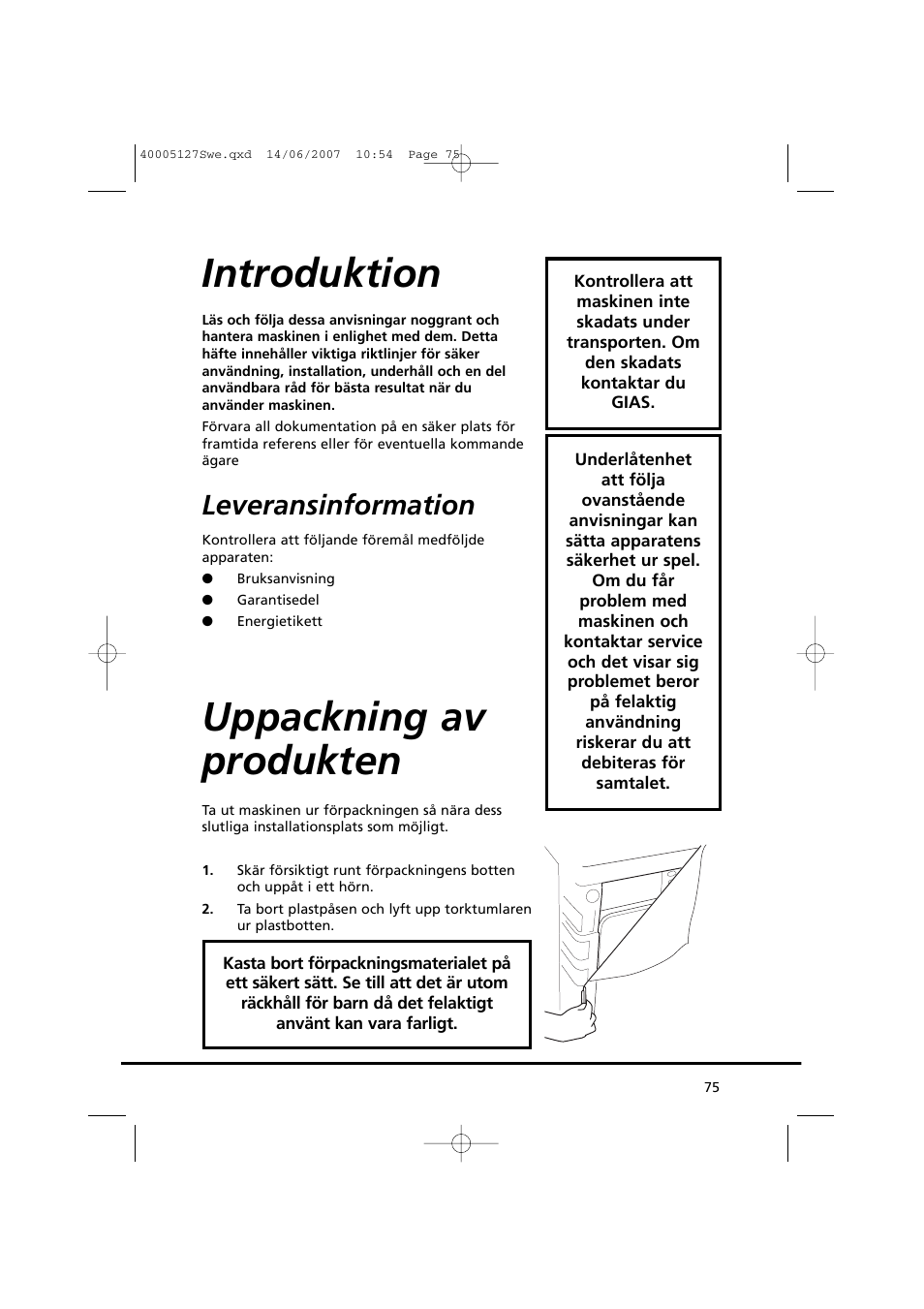 Introduktion, Uppackning av produkten, Leveransinformation | Candy GO DC 36 User Manual | Page 75 / 92