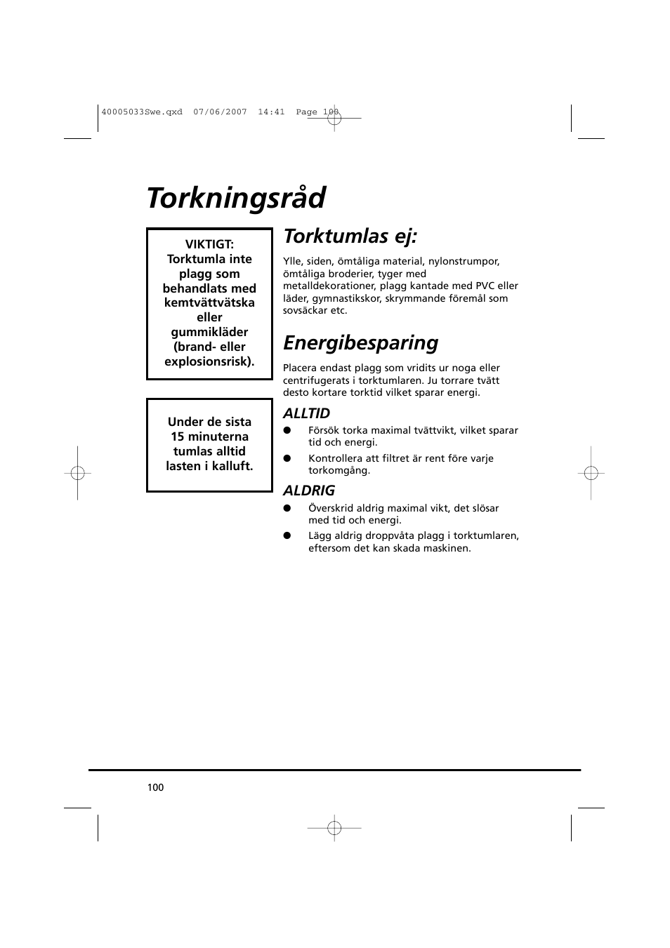Torkningsråd, Torktumlas ej, Energibesparing | Candy GO DC 18-37S User Manual | Page 100 / 220