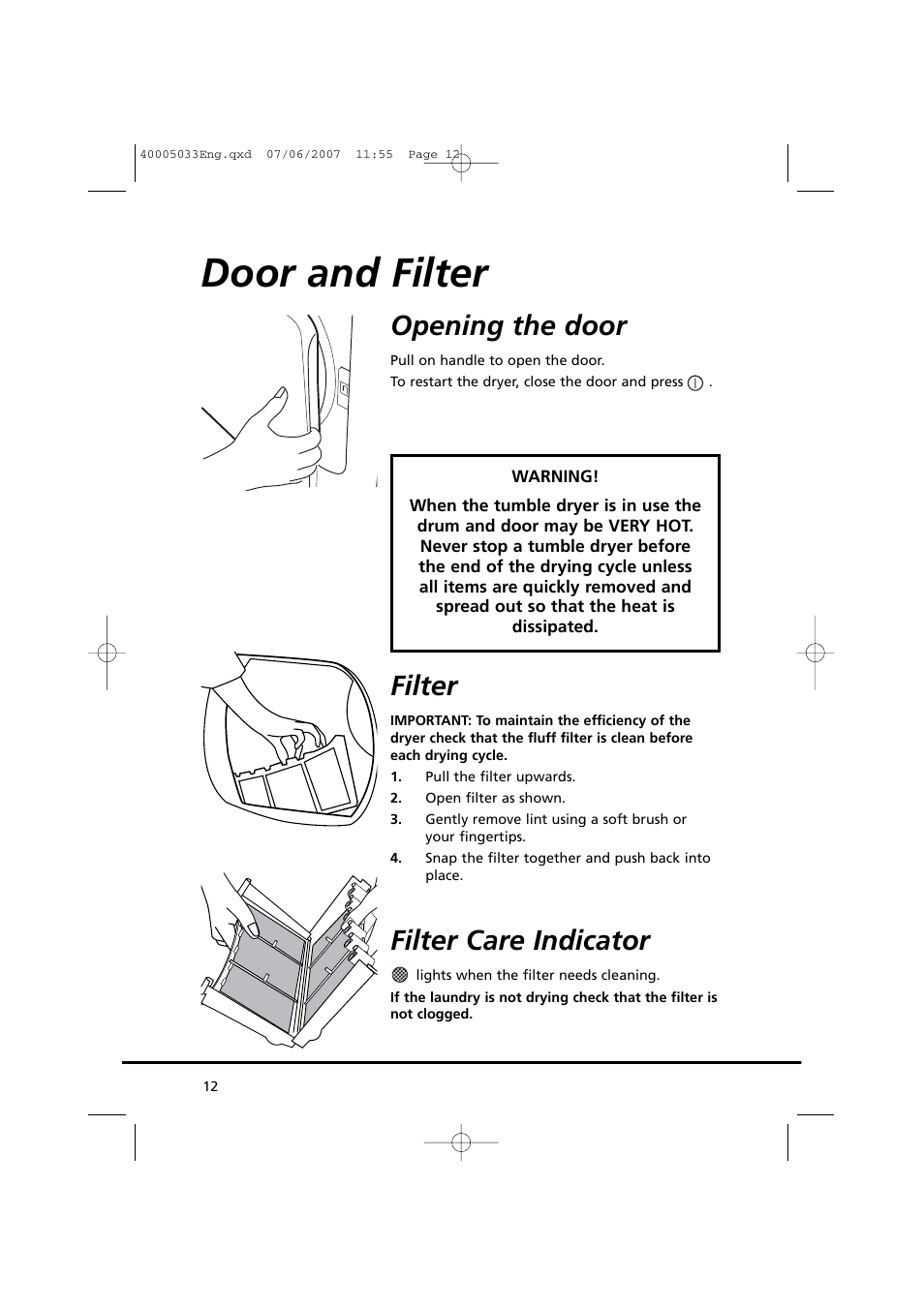 Door and filter, Opening the door, Filter | Filter care indicator | Candy GO DC 18-37S User Manual | Page 12 / 220