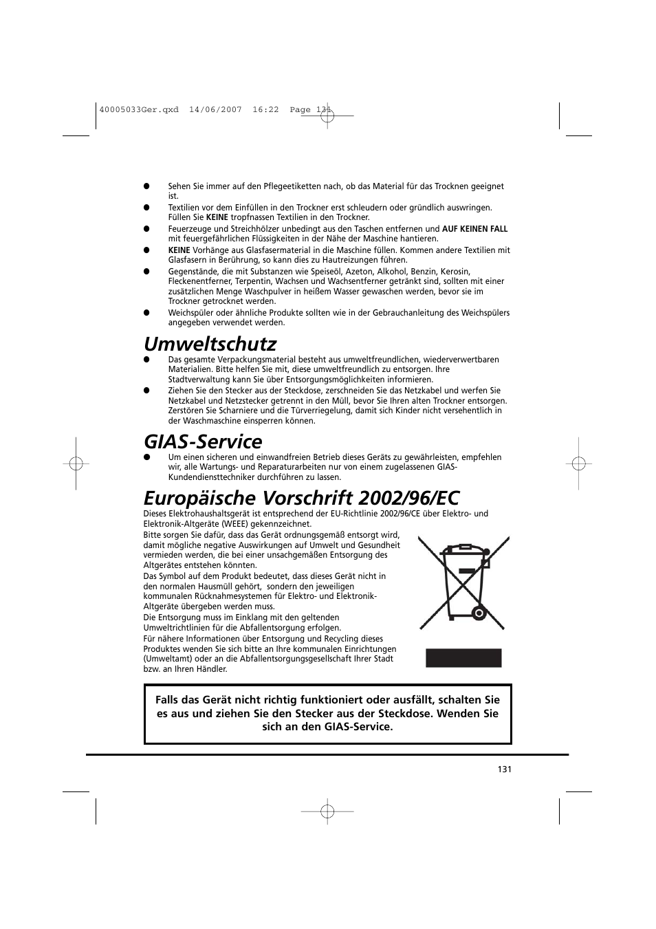 Umweltschutz, Gias-service | Candy GO DC 18-37S User Manual | Page 131 / 220