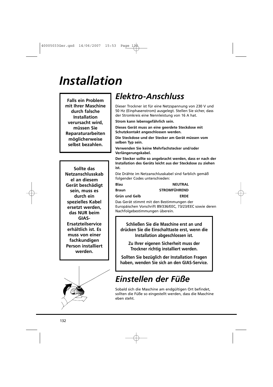 Installation, Elektro-anschluss, Einstellen der füße | Candy GO DC 18-37S User Manual | Page 132 / 220