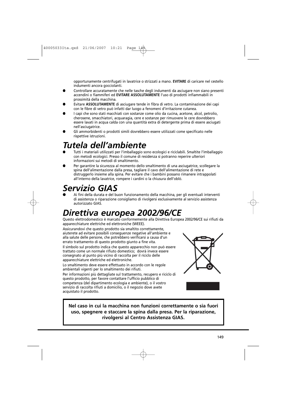 Tutela dell’ambiente, Servizio gias | Candy GO DC 18-37S User Manual | Page 149 / 220