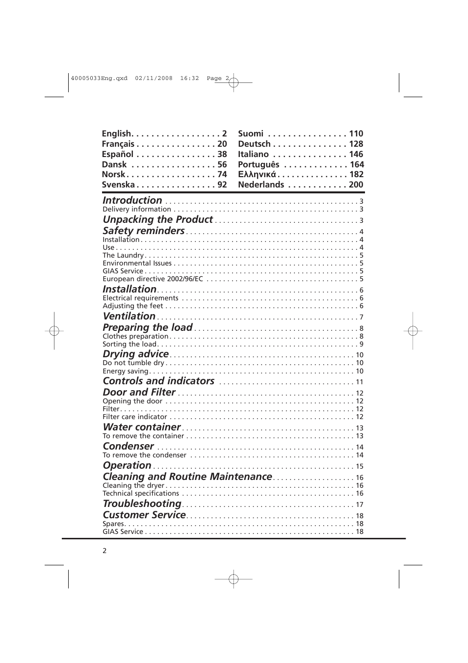 Introduction, Unpacking the product, Safety reminders | Installation, Ventilation, Preparing the load, Drying advice, Controls and indicators, Door and filter, Water container | Candy GO DC 18-37S User Manual | Page 2 / 220