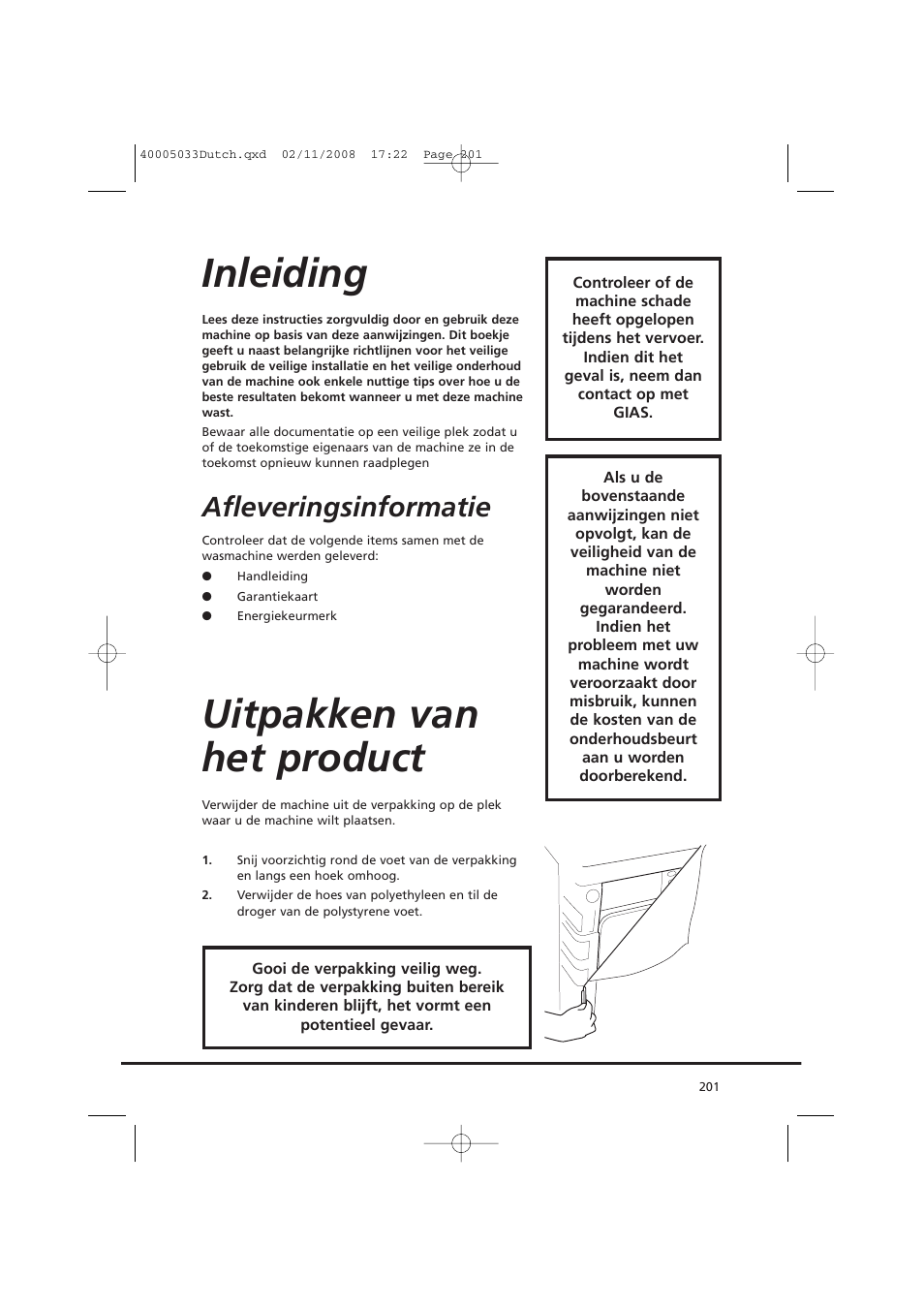 Inleiding, Uitpakken van het product, Afleveringsinformatie | Candy GO DC 18-37S User Manual | Page 201 / 220