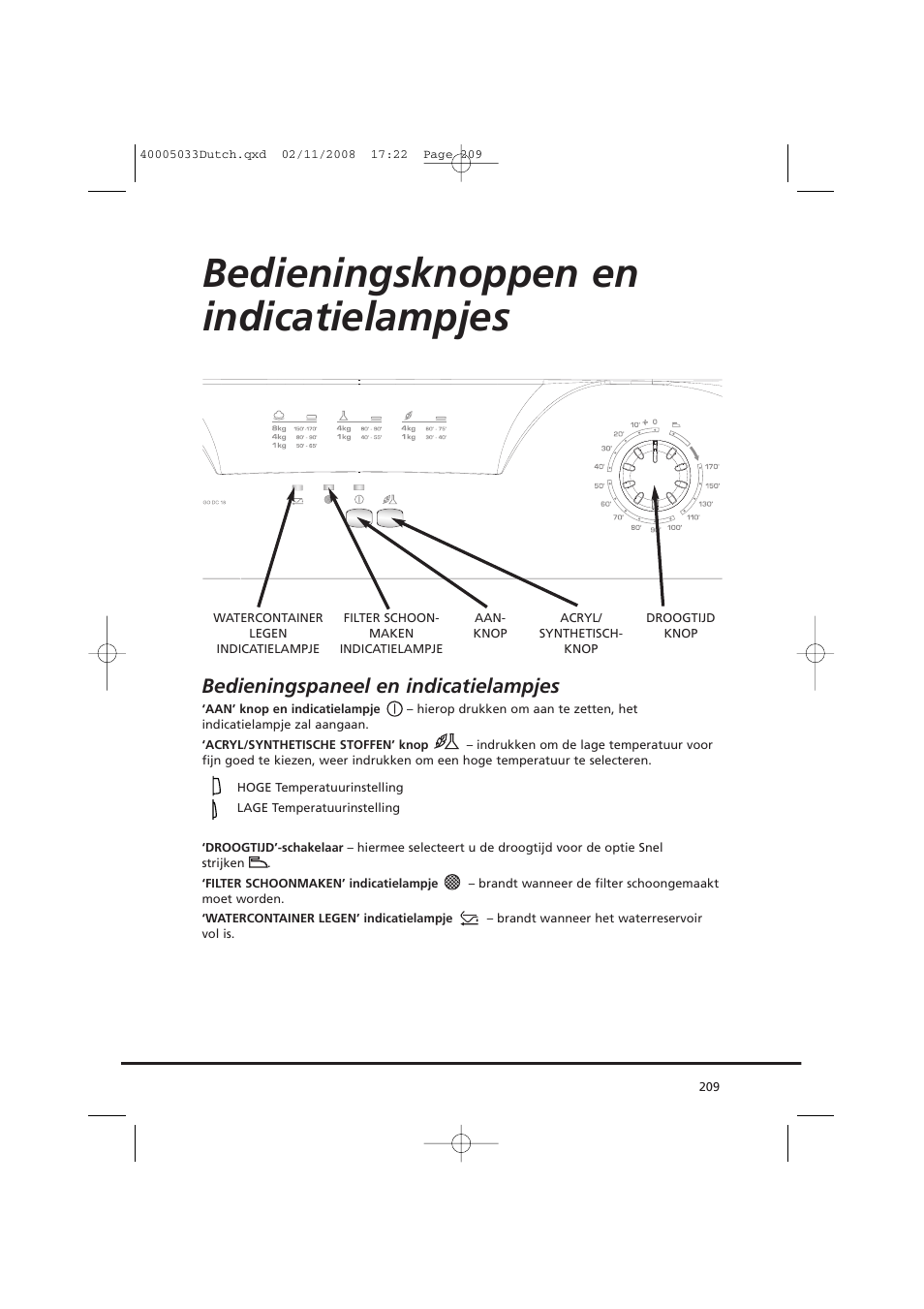 Bedieningsknoppen en indicatielampjes, Bedieningspaneel en indicatielampjes | Candy GO DC 18-37S User Manual | Page 209 / 220