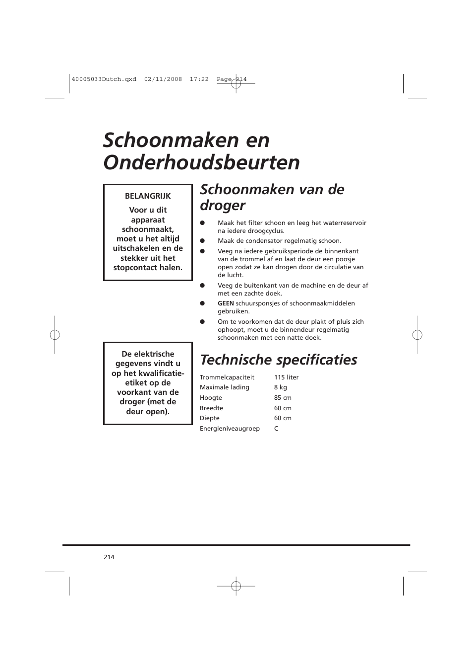 Schoonmaken en onderhoudsbeurten, Schoonmaken van de droger, Technische specificaties | Candy GO DC 18-37S User Manual | Page 214 / 220