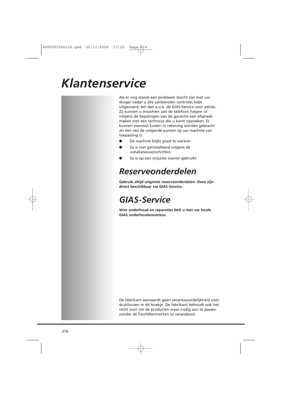 Klantenservice, Reserveonderdelen, Gias-service | Candy GO DC 18-37S User Manual | Page 216 / 220