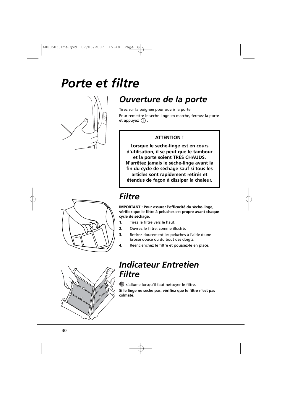 Porte et filtre, Ouverture de la porte, Filtre | Indicateur entretien filtre | Candy GO DC 18-37S User Manual | Page 30 / 220