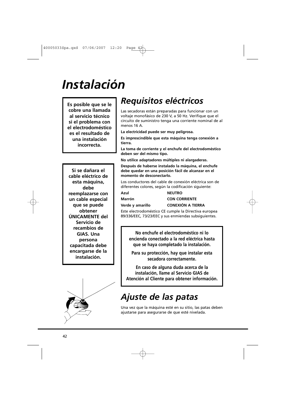 Instalación, Requisitos eléctricos, Ajuste de las patas | Candy GO DC 18-37S User Manual | Page 42 / 220