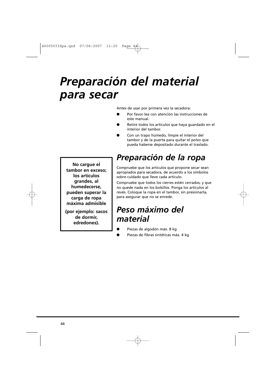 Preparación del material para secar, Preparación de la ropa, Peso máximo del material | Candy GO DC 18-37S User Manual | Page 44 / 220