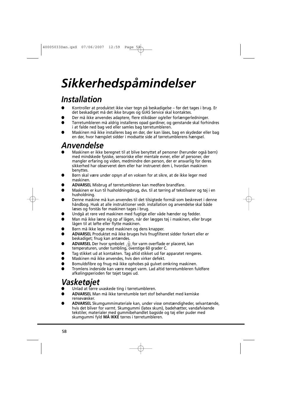 Sikkerhedspåmindelser, Installation, Anvendelse | Vasketøjet | Candy GO DC 18-37S User Manual | Page 58 / 220