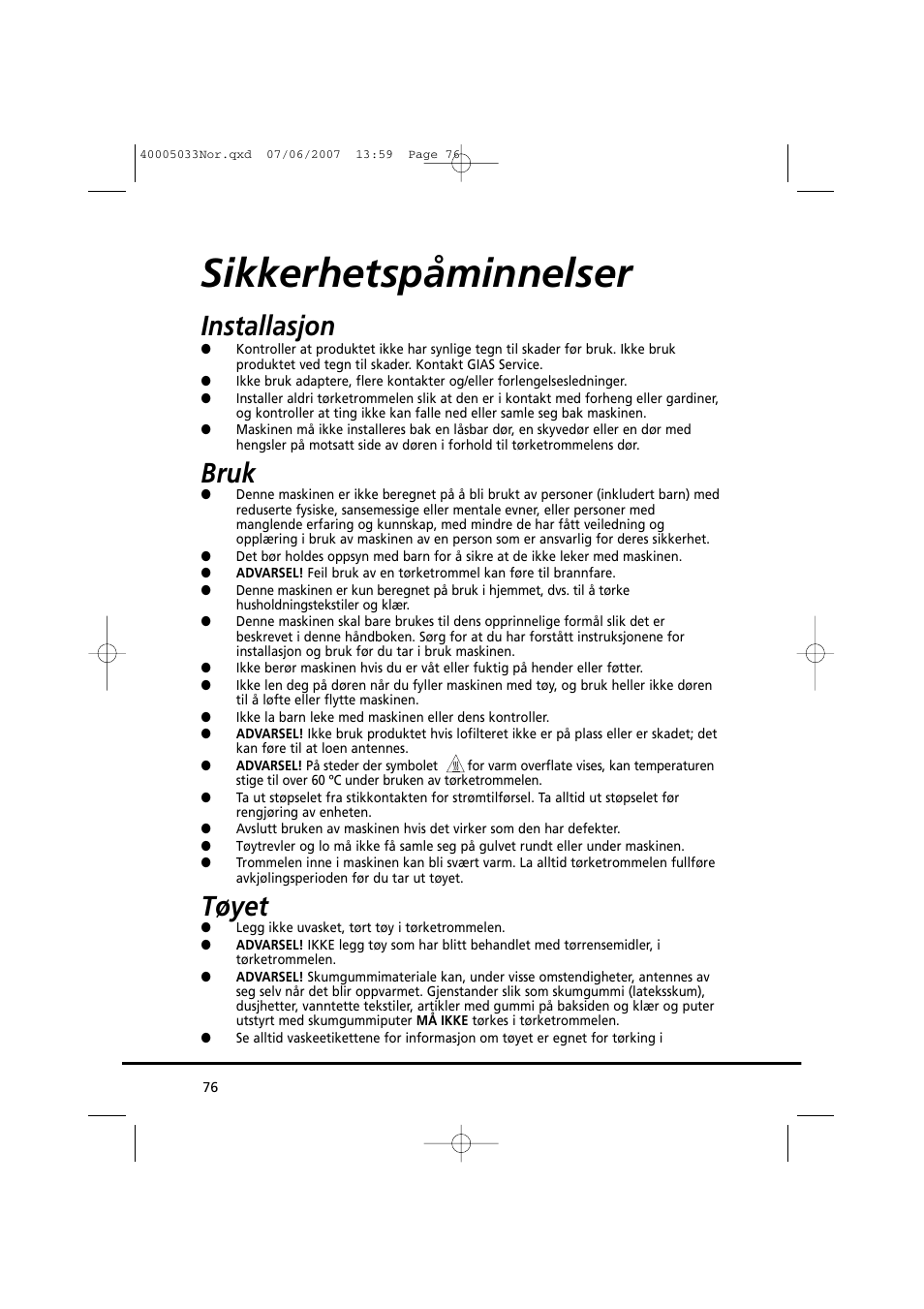 Sikkerhetspåminnelser, Installasjon, Bruk | Tøyet | Candy GO DC 18-37S User Manual | Page 76 / 220