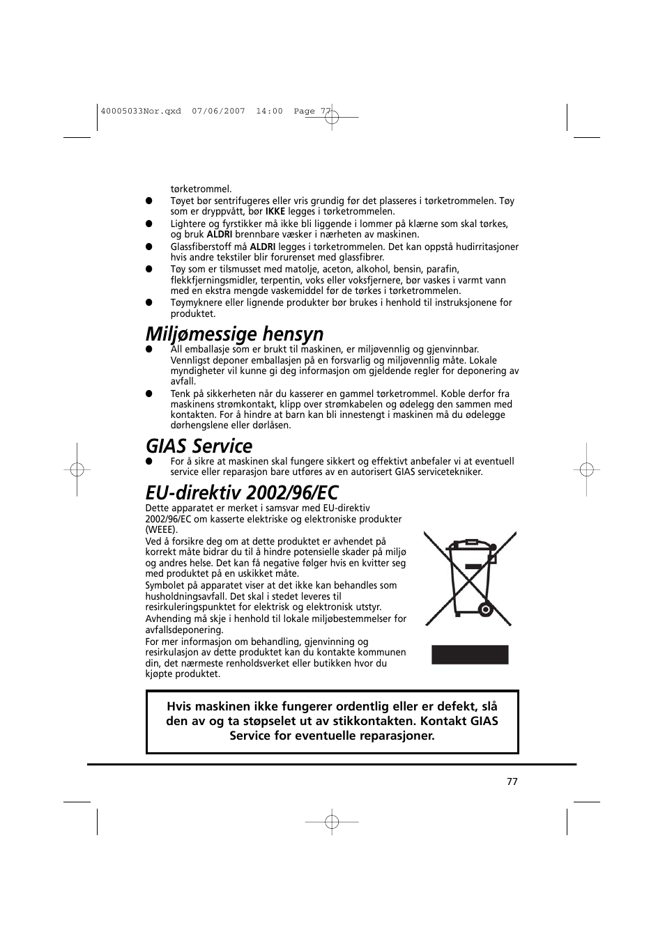 Miljømessige hensyn, Gias service | Candy GO DC 18-37S User Manual | Page 77 / 220