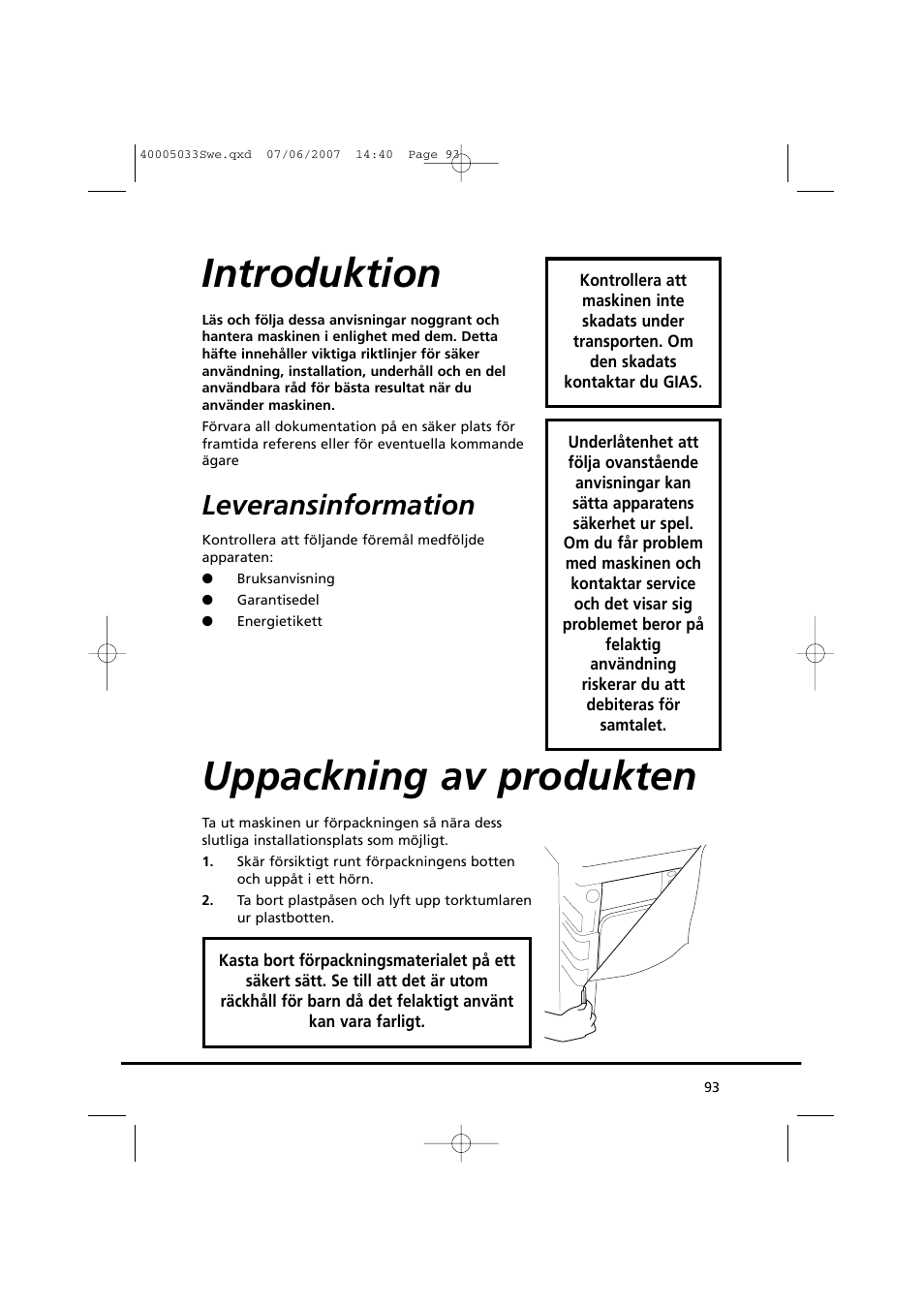 Introduktion, Uppackning av produkten, Leveransinformation | Candy GO DC 18-37S User Manual | Page 93 / 220