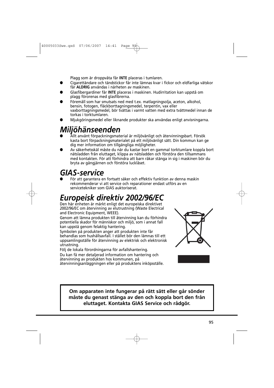 Miljöhänseenden, Gias-service | Candy GO DC 18-37S User Manual | Page 95 / 220