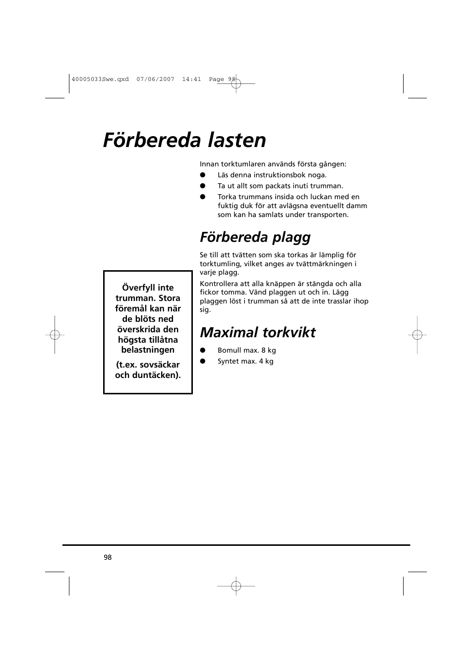 Förbereda lasten, Förbereda plagg, Maximal torkvikt | Candy GO DC 18-37S User Manual | Page 98 / 220