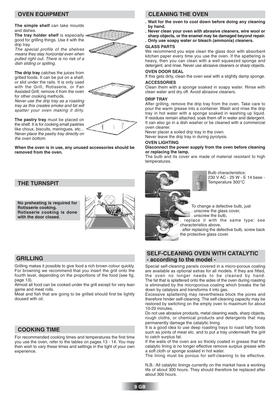 Grilling, Cooking time, Cleaning the oven | The turnspit, Oven equipment | Candy FS 866 AQUA User Manual | Page 10 / 51