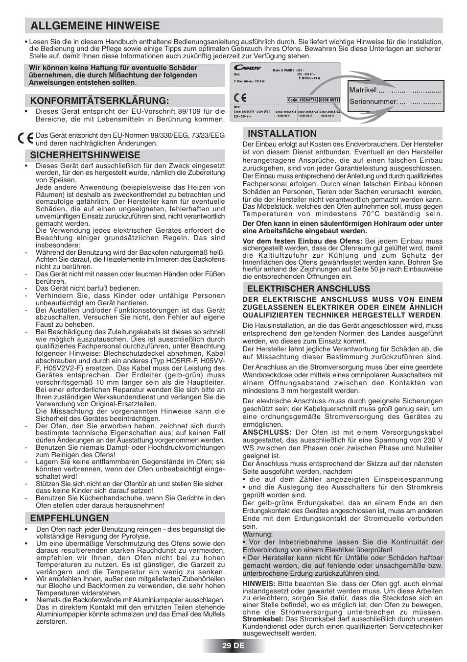 Allgemeine hinweise, Konformitätserklärung, Sicherheitshinweise | Empfehlungen, Installation | Candy FS 866 AQUA User Manual | Page 30 / 51
