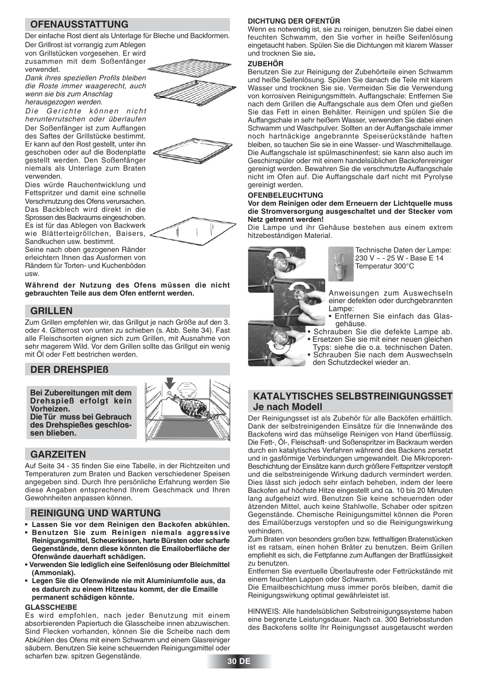 Grillen, Garzeiten, Reinigung und wartung | Katalytisches selbstreinigungsset je nach modell, Der drehspieß, Ofenausstattung | Candy FS 866 AQUA User Manual | Page 31 / 51
