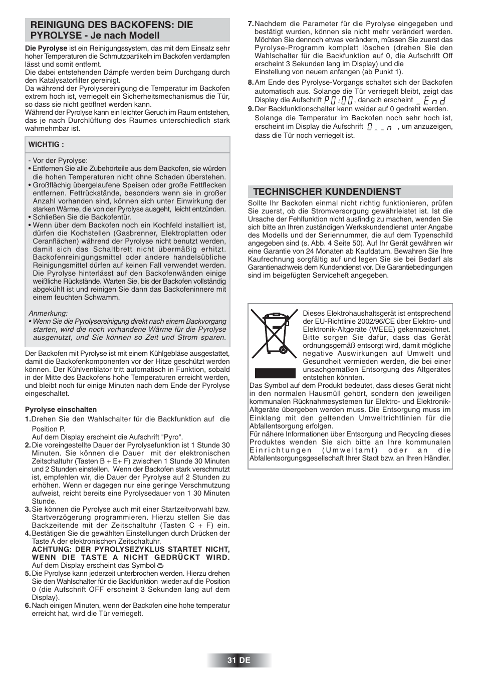 Technischer kundendienst | Candy FS 866 AQUA User Manual | Page 32 / 51