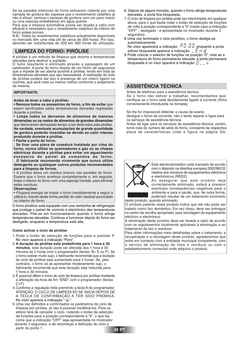 Assistência técnica, Limpeza do forno: pirólise | Candy FS 866 AQUA User Manual | Page 46 / 51