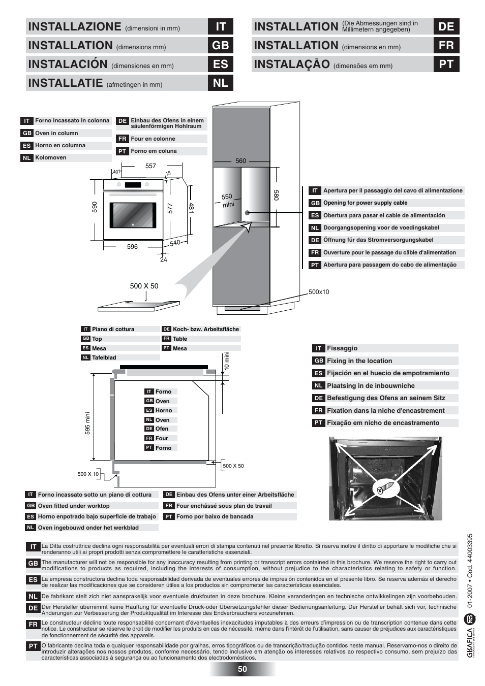 Installazione, It installation de, Installation | Fr instalacao, Pt installation, Gb instalacion, Es installatie | Candy FS 866 AQUA User Manual | Page 51 / 51