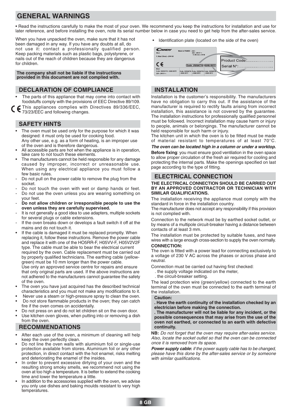 General warnings, Declaration of compliance, Safety hints | Recommendations, Installation, Electrical connection | Candy FS 866 AQUA User Manual | Page 9 / 51