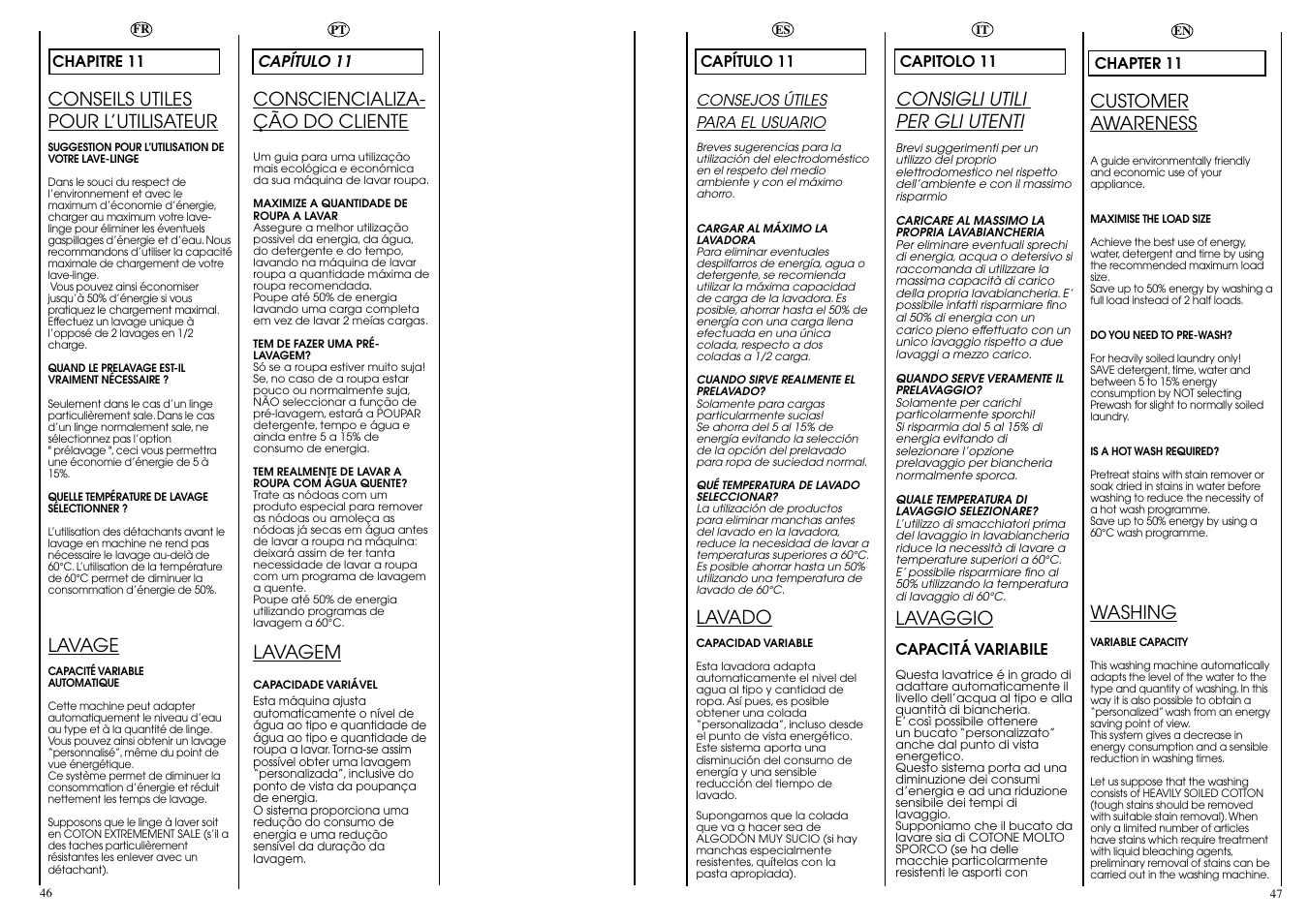Conseils utiles pour l’utilisateur, Lavage, Customer awareness | Washing, Lavado, Consciencializa- ção do cliente, Lavagem, Consigli utili per gli utenti, Lavaggio | Candy CIN 80 T User Manual | Page 24 / 33