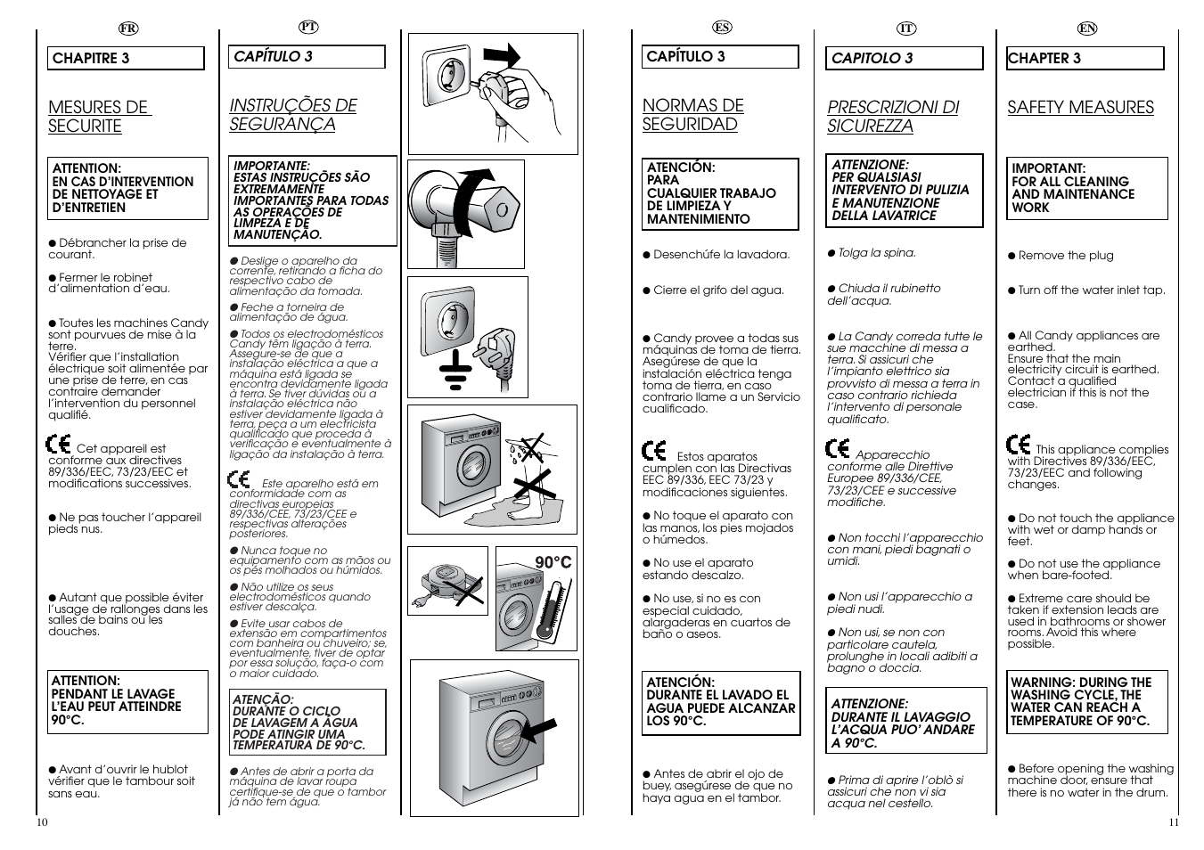Mesures de securite, Safety measures, Normas de seguridad | Instruções de segurança, Prescrizioni di sicurezza | Candy CIN 80 T User Manual | Page 6 / 33