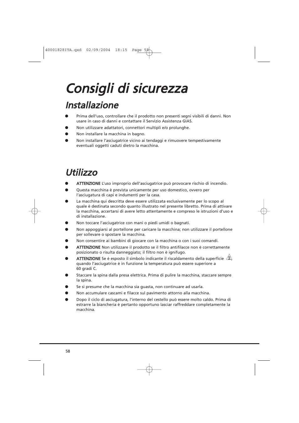 Cco on nssiig gllii d dii ssiiccu urre ez zz za a, Uuttiilliiz zz zo o | Candy AB CDC 679 XT- 88 User Manual | Page 58 / 76