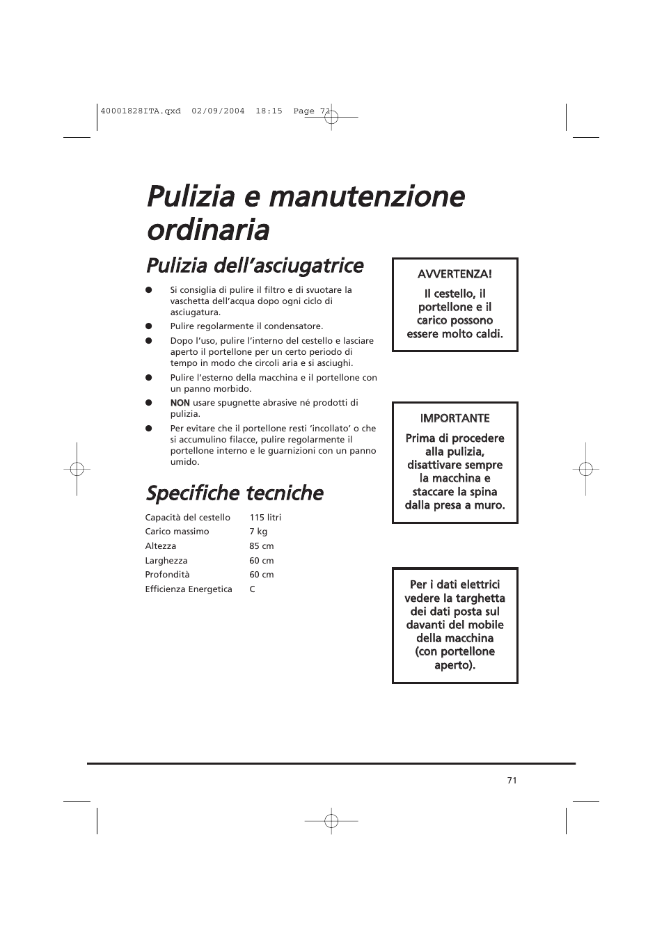 Ssp pe ecciiffiicch he e tte eccn niicch he e | Candy AB CDC 679 XT- 88 User Manual | Page 71 / 76