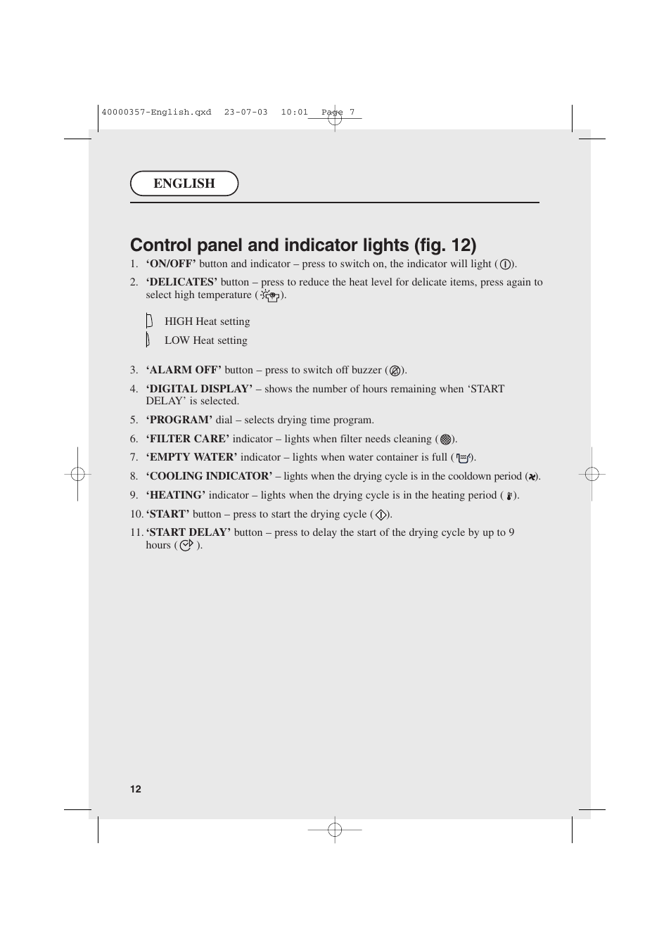 Control panel and indicator lights (fig. 12) | Candy AB CDC268TEX User Manual | Page 12 / 68