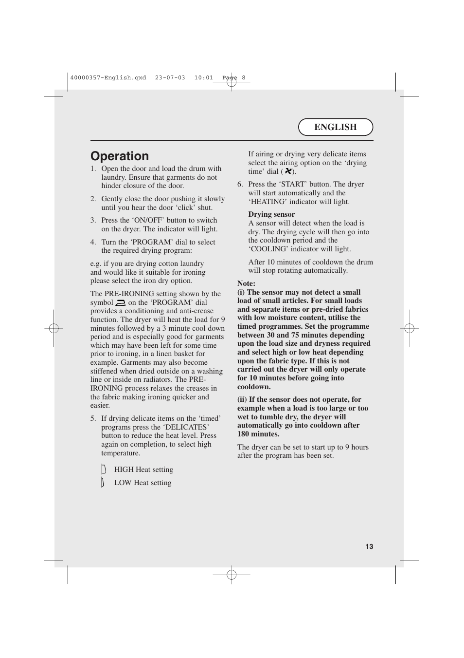 Operation | Candy AB CDC268TEX User Manual | Page 13 / 68