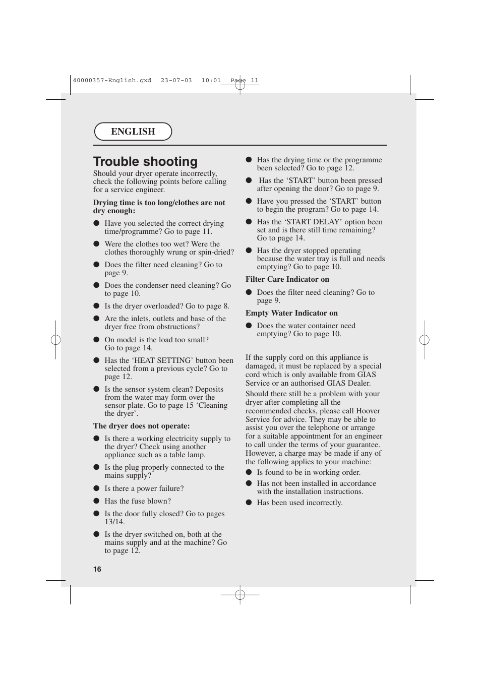 Trouble shooting | Candy AB CDC268TEX User Manual | Page 16 / 68