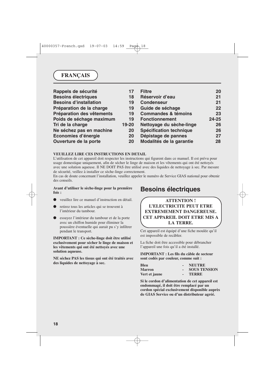 Besoins électriques, Français | Candy AB CDC268TEX User Manual | Page 18 / 68