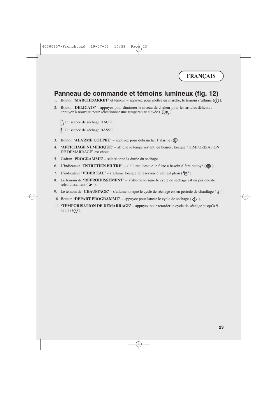 Panneau de commande et témoins lumineux (fig. 12), Français | Candy AB CDC268TEX User Manual | Page 23 / 68